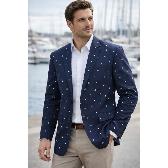 NWT Croft & Barrow Nautical Print Blazer Mens 40RNavyClassic Fit Sport Coat